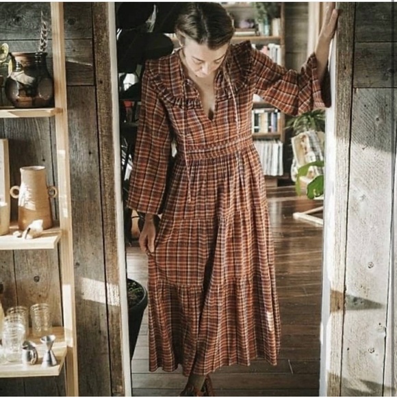 DOEN HONEY COTTON MIDI MAXI DRESS BLUE AUTUMN PLAID XS S - Picture 2 of 5